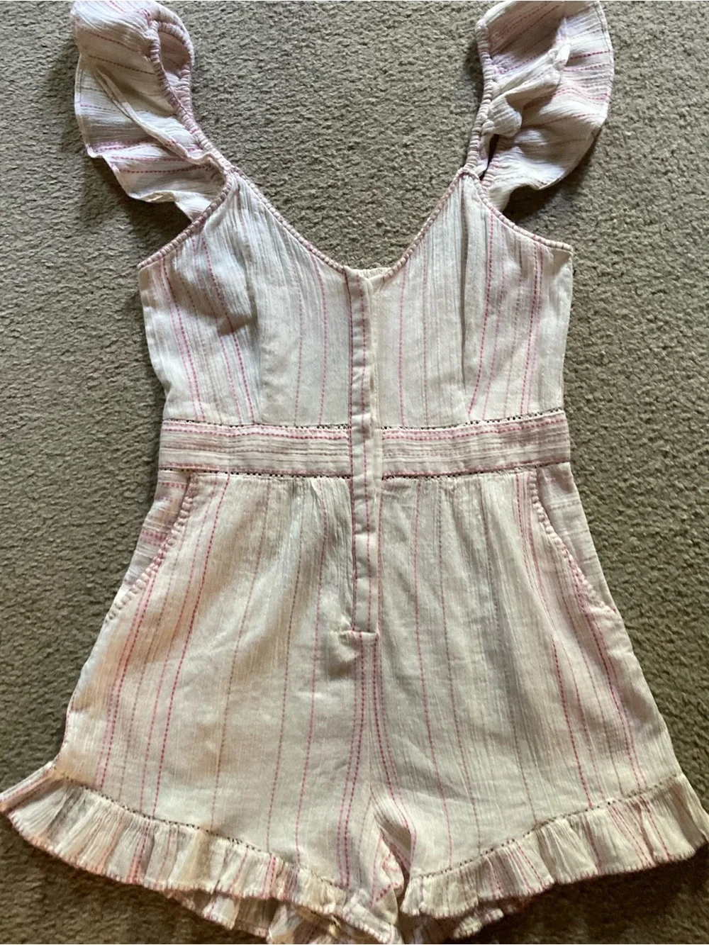 LoveShackFancy Cream & Pink Embroidered Striped Ruffle One Piece Romper NWT Sz 4